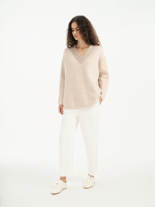 Oatmeal and Beige Ribbed V-Neck Jumper