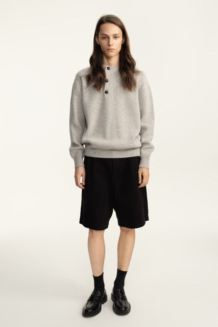 Ash Grey Ribbed Henley Knit Sweater
