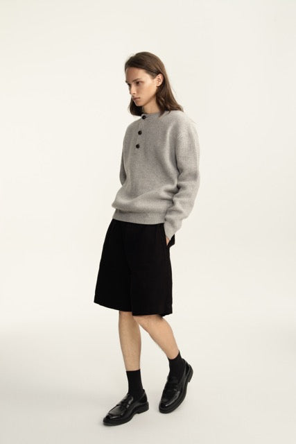 Ash Grey Ribbed Henley Knit Sweater
